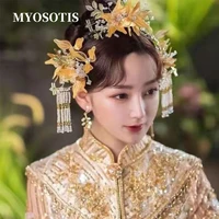 vintage chinese ethnic flower bride hair combs hairpins tranditional gold wedding costume xiuhe head accessories hair jewerly