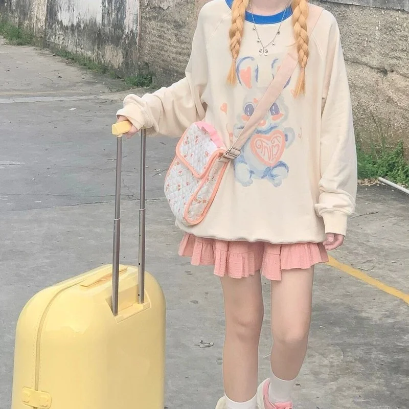 

QWEEK Autumn Kawaii Rabbit Print Sweatshirt Soft Girl Japanese Streetwear Casual O-neck Tops School Student Cute Clothes 2021