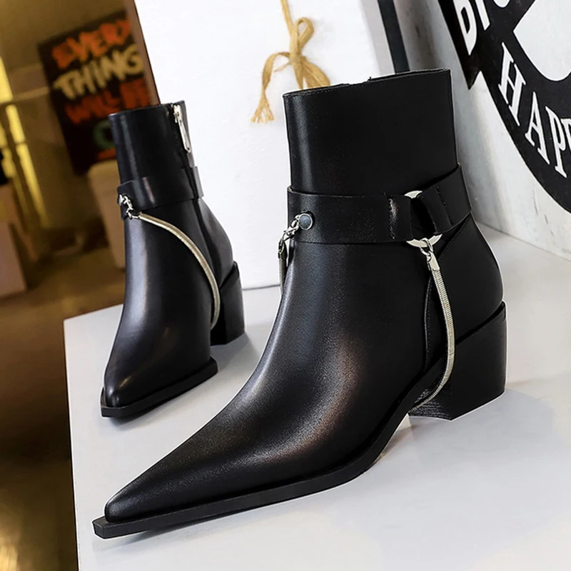 

Женские ковбойские ботинки из ПУ кожи, Черные ботильоны на массивном высоком каблуке 2021 см, с острым носком, ботинки челси, зима 5,5