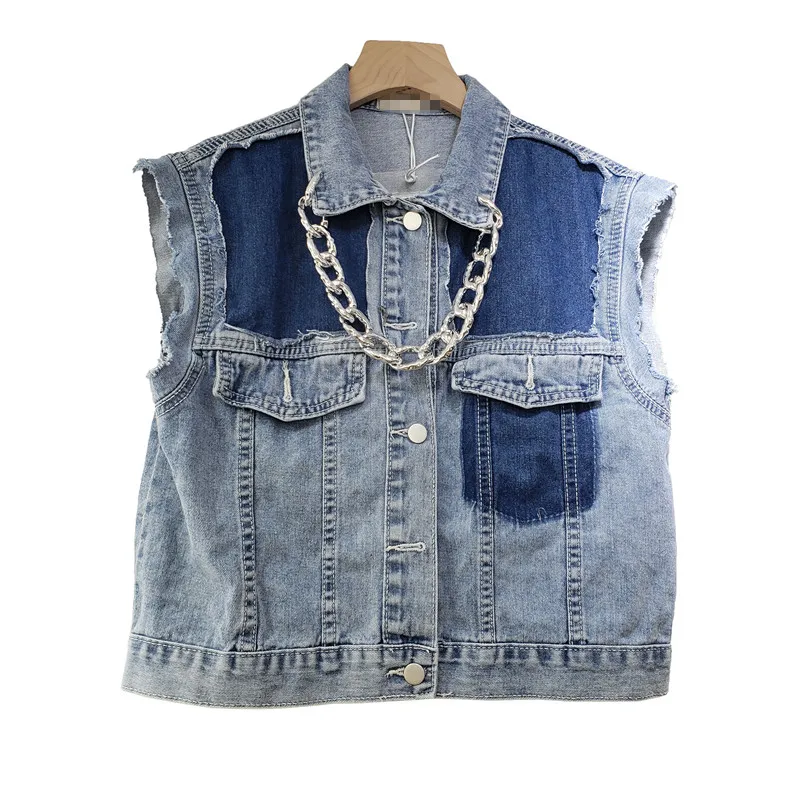

Denim Vest 2021 Spring New Fashion Streetwear Single Breasted Color Block Jean Vest Coat Casual All-Matching Jacket New