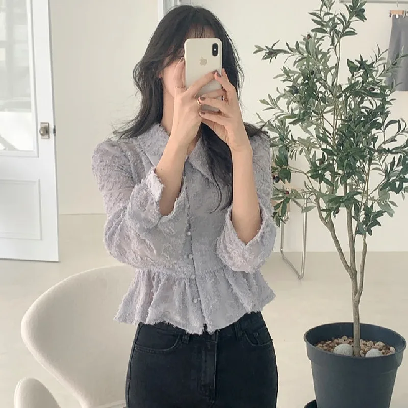 

Women's Casual Shirts Solid Turn-down Collar Ruffles Edging Tassel Short Chiffon Shirt Slim Waist Blouse Autumn Spring 2021
