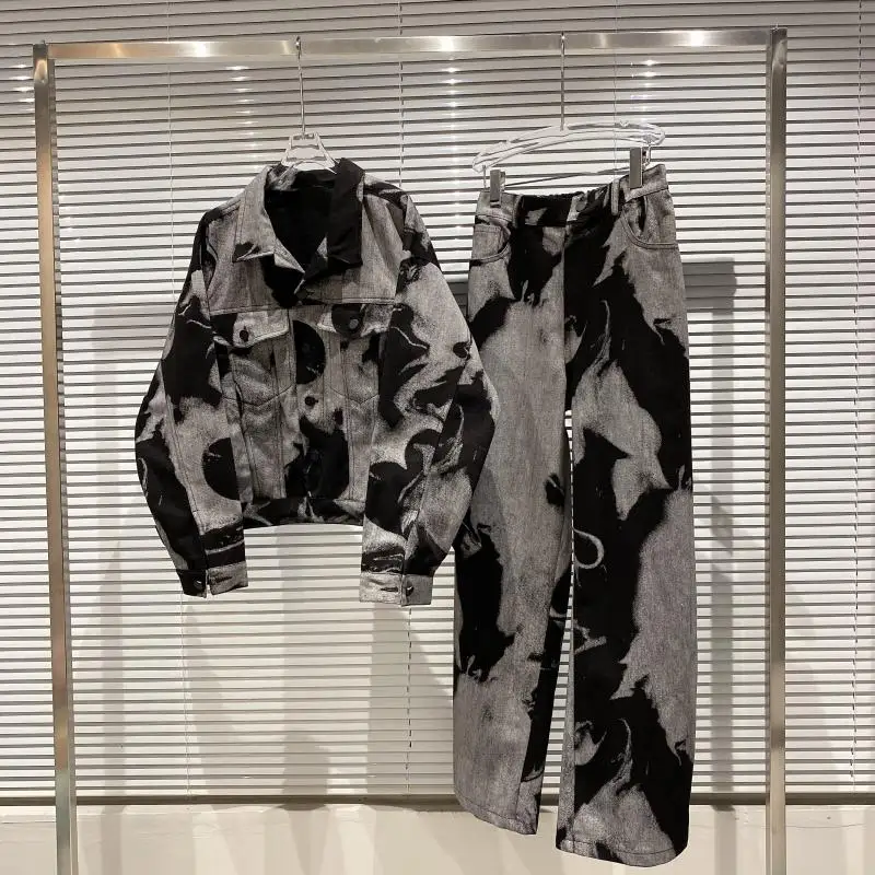 

Spring Autumn Women Distressed Washed Tie-Dye Vintage Denim Suits Lapel Single-Breasted Jacket Wide-Leg Pants Two-Piece Sets