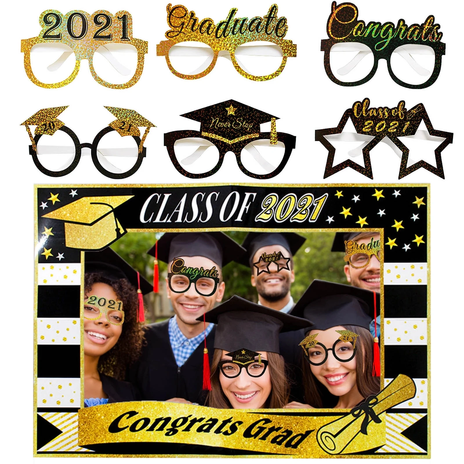 

ZLJQ 2021 Graduation Season 6 Pcs Paper Laser Glasses and 1 Pcs Photo Frame Party Photo Props Black Gold University Graduation