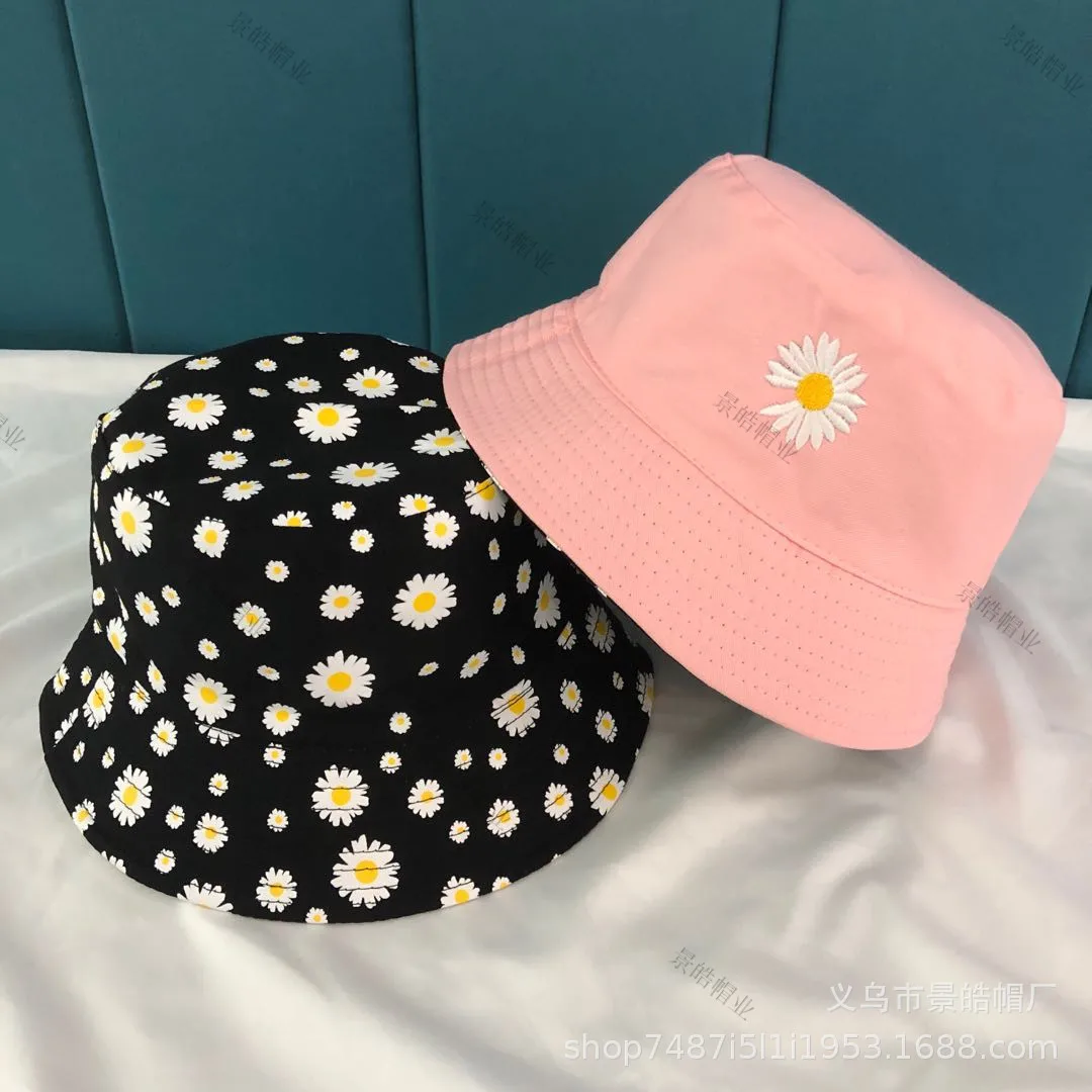 

Foldable Bucket Women Sun Visor Small Daisy Embroidered Printed Double Faced Fisherman Hats Young Couple Summer Casual Sunhats
