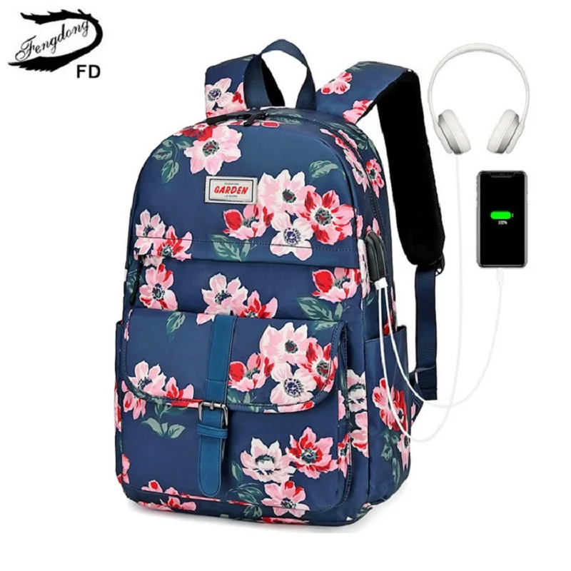 Школьный ранец Fengdong для девочек, винтажный женский дорожный ранец с цветочным принтом, детский школьный портфель для студентов, Большой рюк...