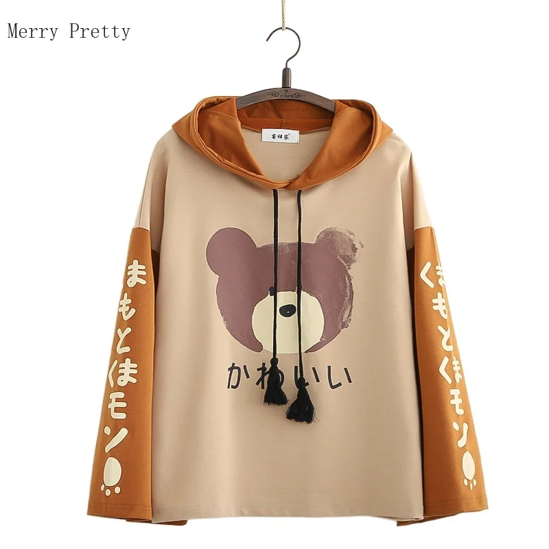 

Harajuku Cartoon Bear Print Casual Hoodies Cotton Sweatshirt Women 2021 Summer Ladies Long Sleeve Cute Kawaii Hooded Pullover