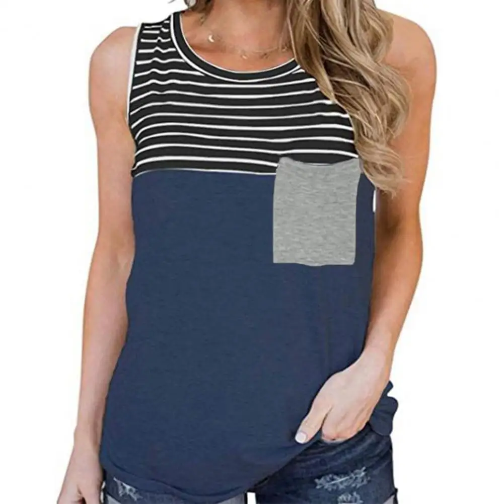 

65% Dropshipping!!Round Neck Striped Stitching Women Vest Casual Sleeveless Color Block Pocket Vest Pullover Top