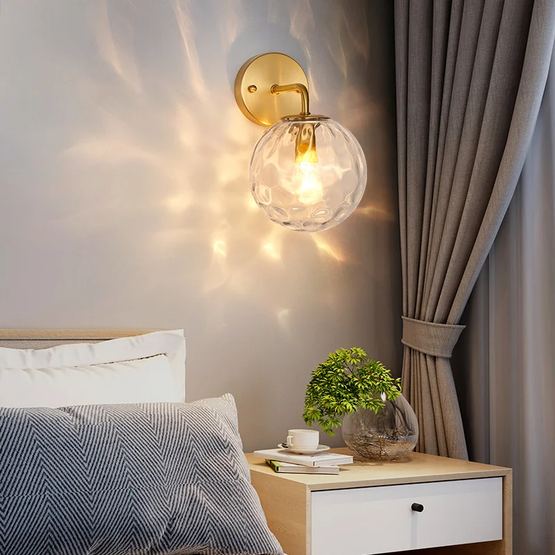 

Nordic all copper bedroom headboard wall lamp living room background lamp modern simple corridor creative brass light luxury