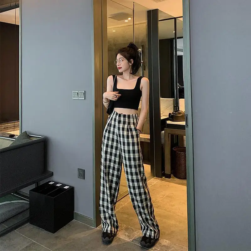Летние женские широкие брюки в клетку Модные свободные эластичные для бега