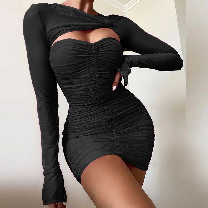 

Elegant Hollow Out Women Dress Bodycon Sexy Solid Mesh See Through Pleated Hip Women Dress Folds Long Sleeve Femme Party Dress