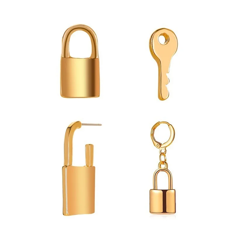 

VILAGE New 2021 4Pcs/1Set Retro Style Fashion Key Lock Earrings Earrings Gold-plated Party Jewelry Daily Wear Jewelry
