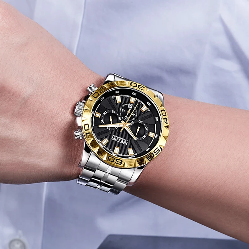 MEGIR кварцевый хронограф мужской роскошный бренд часов Топ нержавеющая сталь