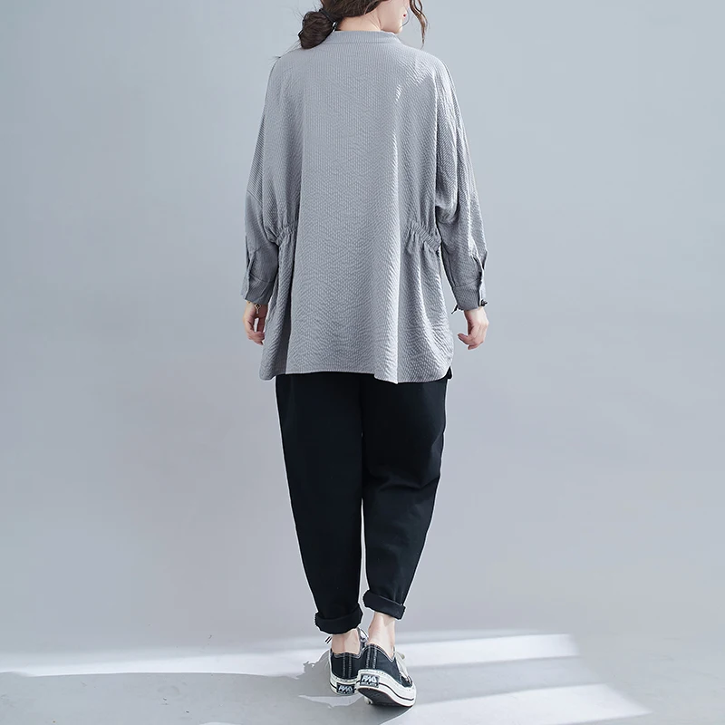 

COIGARSAM Loose Shirt Womens tops Spring Batwing Sleeve Stand Neck Women shirts Gray Black 2259