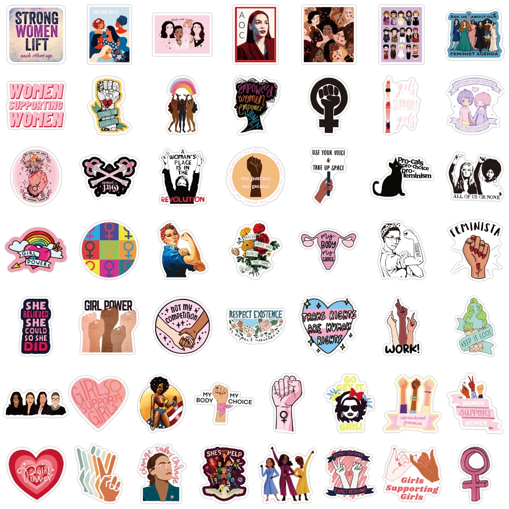 Pegatinas de dibujos animados de apoyo feminista para mujer, 10/30/50 uds, nevera, guitarra, port&aacute;til, motocicleta, viaje, impermeable-5