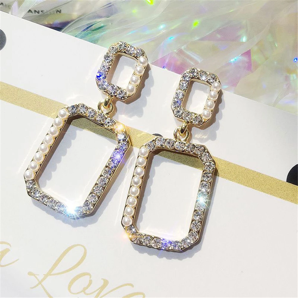 

Geometry Earrings Sparkle Rhinestone Luxury Drop Earrings OL Jewellery Women's Accessories Aesthetic Lady Party Dress School