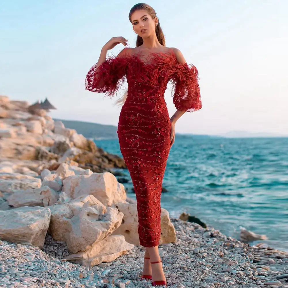 

Женское вечернее платье-русалка, Очаровательное платье с открытыми плечами, бусинами и перьями, бальное платье для выпускного вечера с 3D цв...