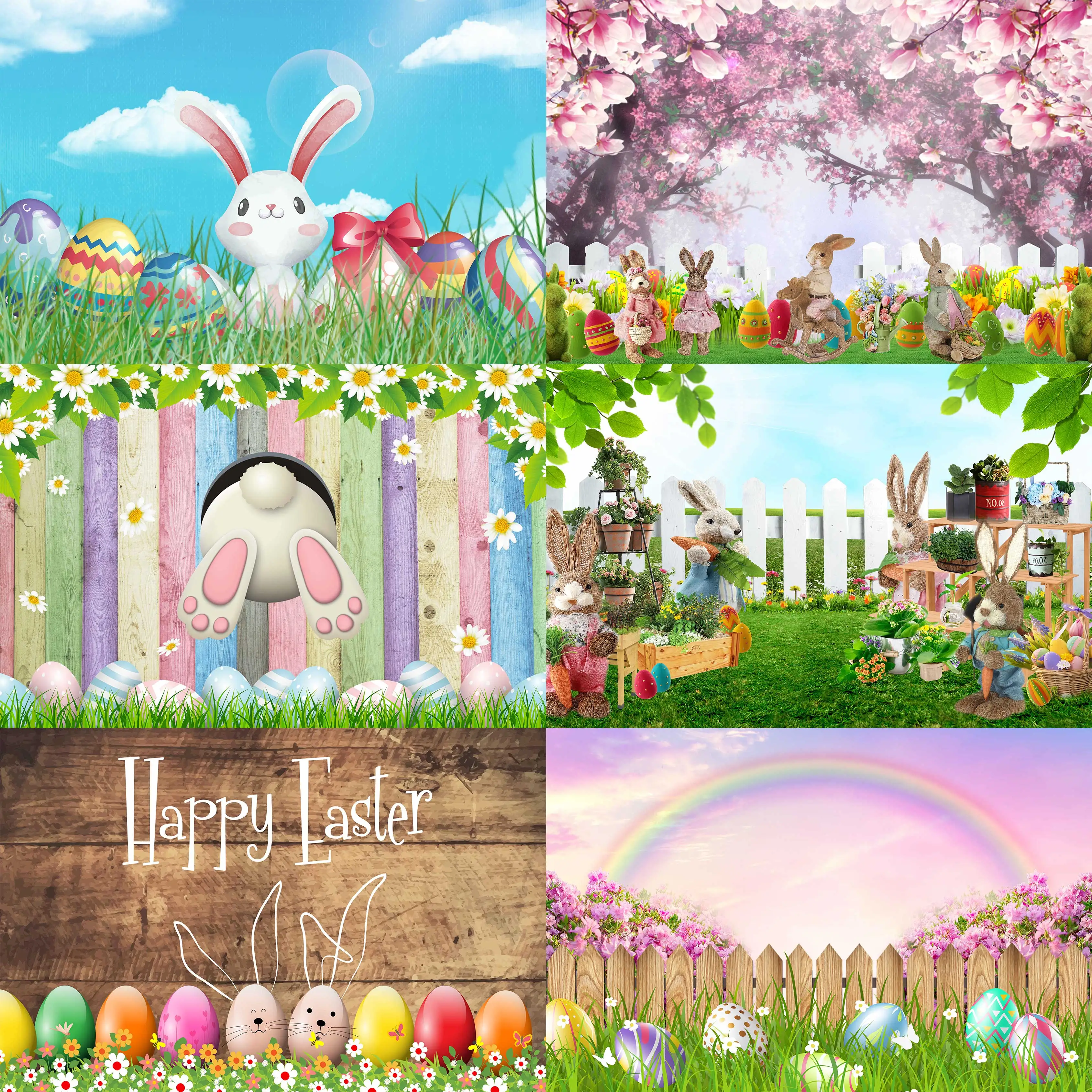 

Easter Photography Rabbits Eggs Wooden Backgrounds Party Backdrop Rainbow Carrots Flowers Grass Sky Fence Daisy Photo Backdrops