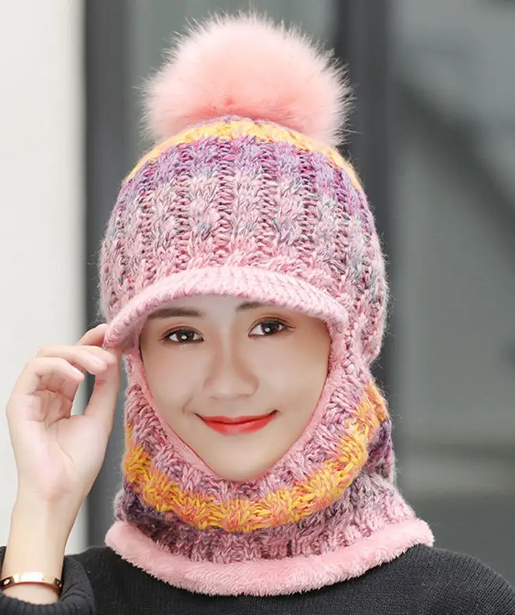 2019 женская зимняя вязаная шапочка красочные наушники шляпы с окантовкой мех pom
