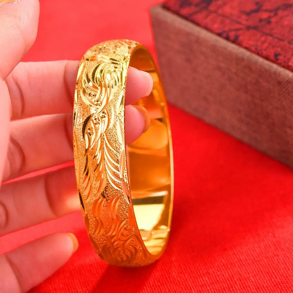 

Thick Dubai Bangle Yellow Gold Filled Wedding Womens Phoenix Carved Fashion Bracelet Solid Jewelry Gift