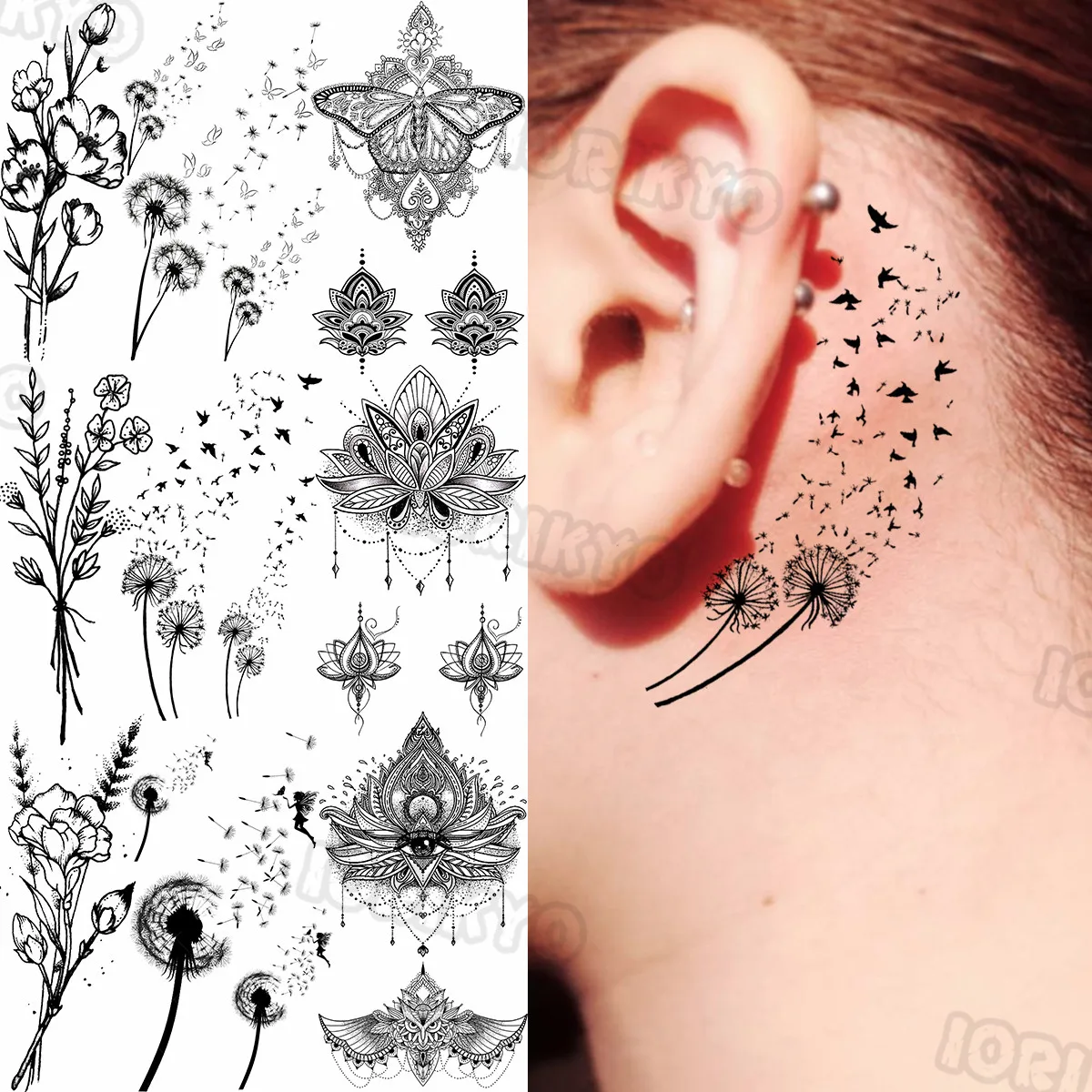 

Black Dandelion Temporary Tattoos For Women Girls Realistic Henna Daisy Zinnia Flower Fake Tattoo Sticker Neck Hand Tatoos Party