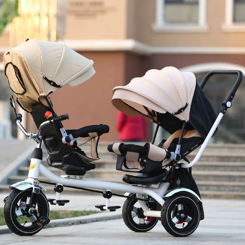 

Новая детская трехколесная коляска для двух близнецов, двухместная детская коляска с педалью, сиденье можно лечь
