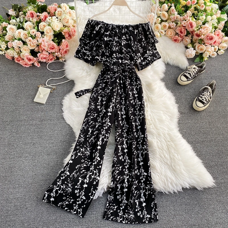 

2021 Newly Women Jumpsuits Slash Neck Floral Printed Wide Leg Pants Bodysuit Elastic Solid Pattern Outdoor Wear