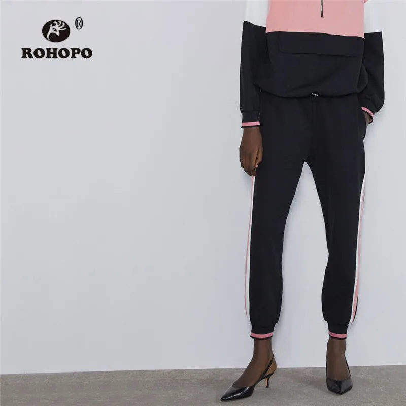 ROHOPO Сторона Полосатый эластичность талии лоскутное розовый черный пот карандаш