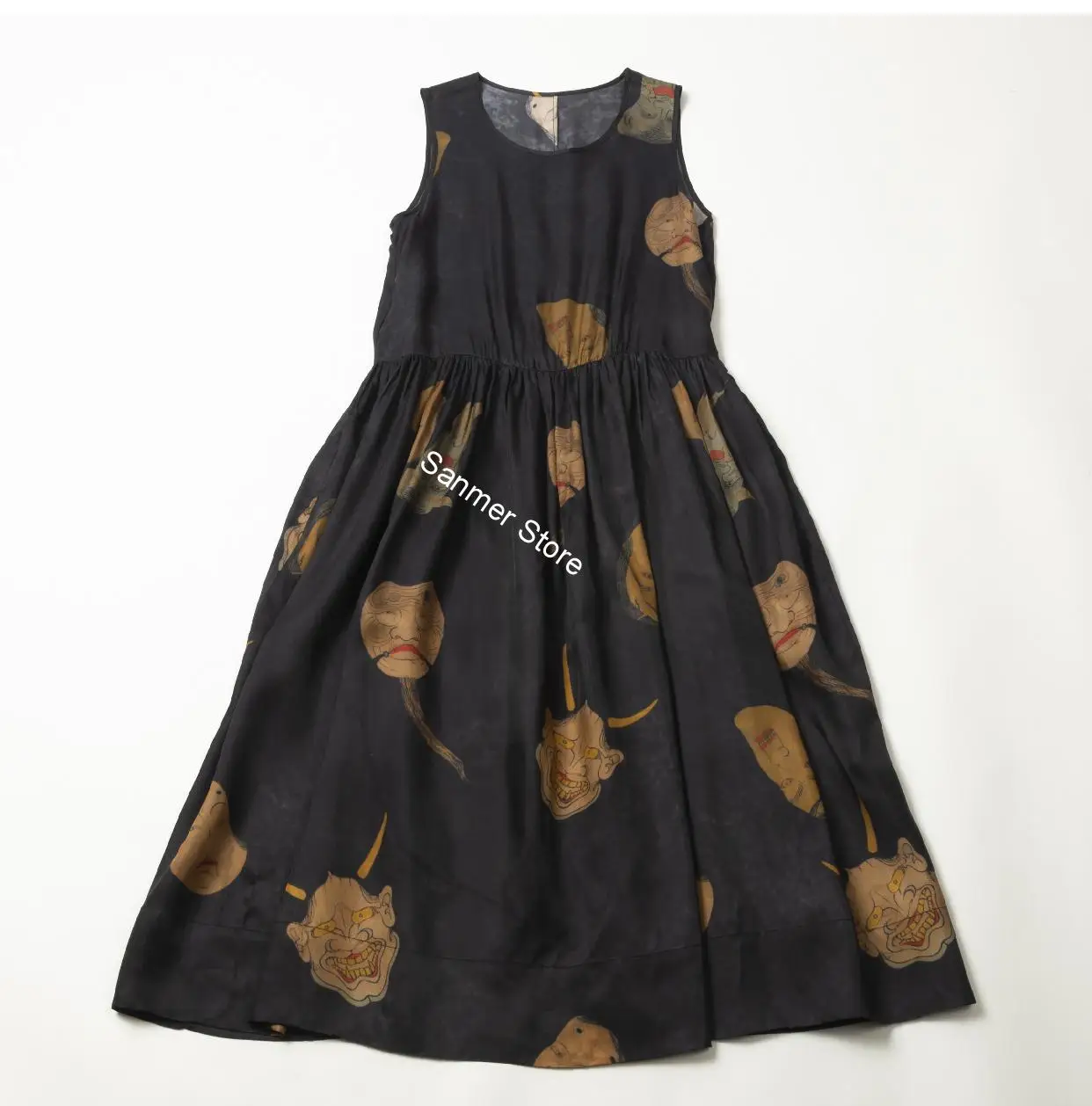 

Women Printed Midi Dress Sleeveless Off-shoulder O-neck Loose Pleated Zipper Fashion Vest Dress Female Clothes Summer New