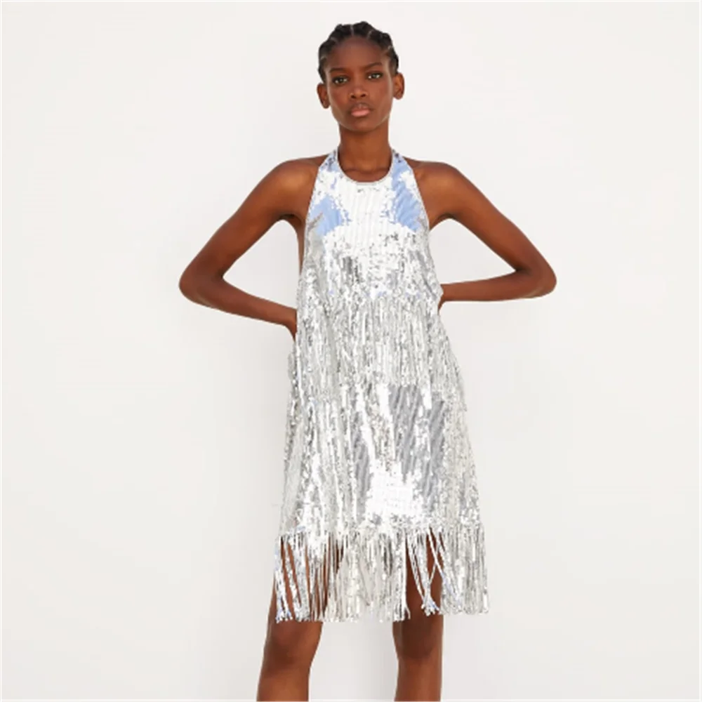 2020 ZA Модное Новое Женское платье с блестками сексуальное кисточками и бисером