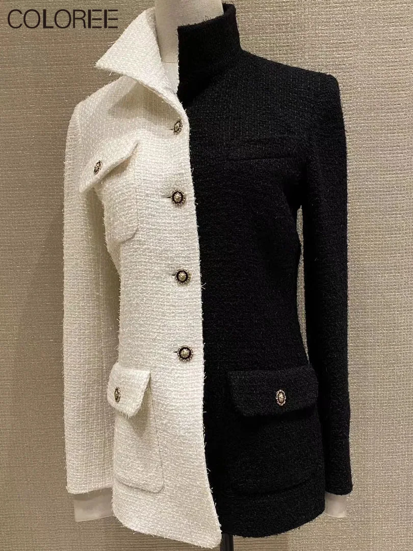 

Runway Designers White/Black Patchwork Tweed Jacket 2020 Autumn Winter Fashion Elegant Buttons Slim Woolen Coat Women Outwear
