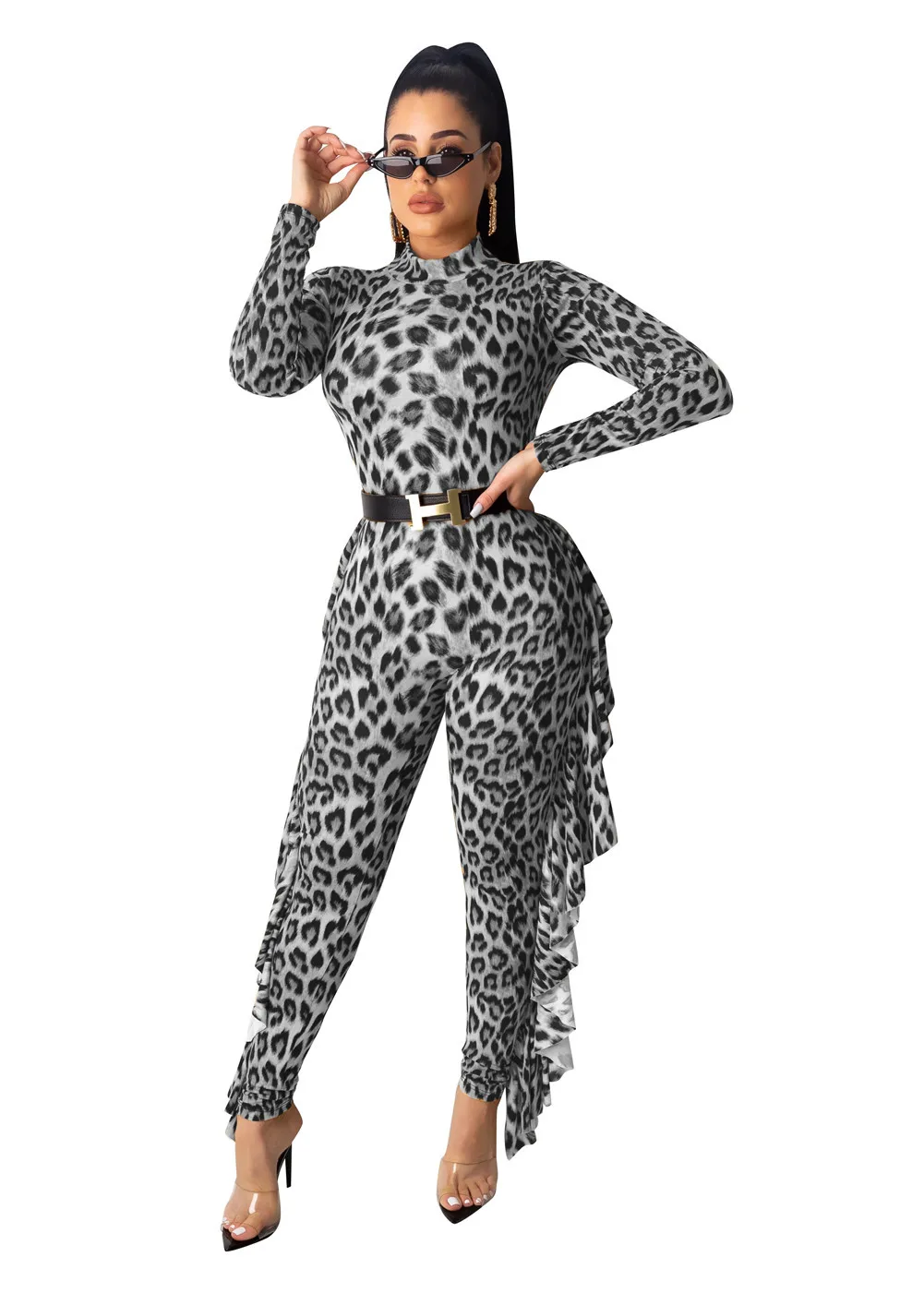 

Jumpsuit Leopard Sexy Women Female Lady Lady Long Sleeve Turtleneck Ruffle Bodysuit Playsuit Bodycon Hot Suit Plus Size