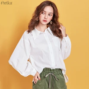 Рубашка ARTKA Женская с отложным воротником, 2020 хлопок, однотонная белая Повседневная рубашка с рукавами-фонариками, Весна 100%