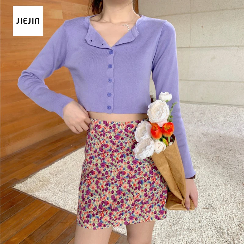 

Осень 2020 6 цветов Повседневный вязаный короткий кардиган женский круглый вырез длинный рукав на пуговицах укороченный свитер японский Kawaii ...