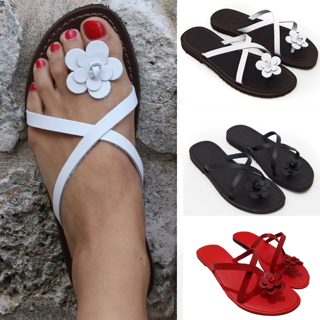 

Fashion Womens Toe Flower Flat Bottom Shoes Summer Plus Size PU Flat With Sandals Casual Open Toe Rome Sandals