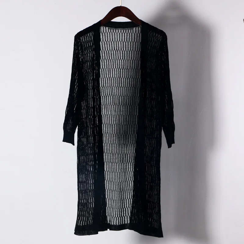 

Women Long Cardigans Summer Linen Computer Knitted V-neck 3/4 Sleeve Solid Thin Cardigan Feminino 2021 New Hollow Out