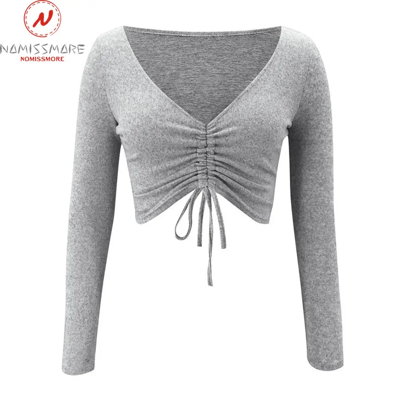 

Sexy Women 2 Piece Outfits Drawstring Shrinkage Design V-Neck Long Sleeve Solid Slim Short Top+Elastic Waist Slim Hips Shorts