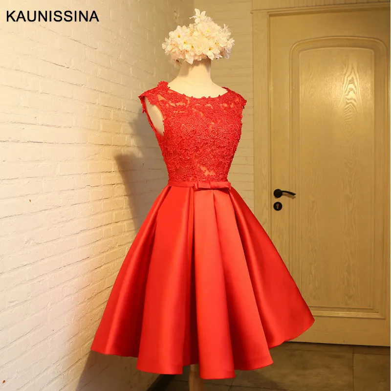 

KAUNISSINA Short Cocktail Dresses A-Line Floral Appliques Satin Bow Solid Celebrity Party Prom Gown Homecoming Dresses