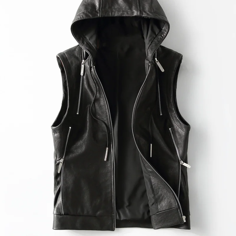 

2020 New Leather Vest Hooded Genuine Leather Jacket Men Sheepskin Coat Casual Mens Vests Vintage Colete Masculino KFS19M014