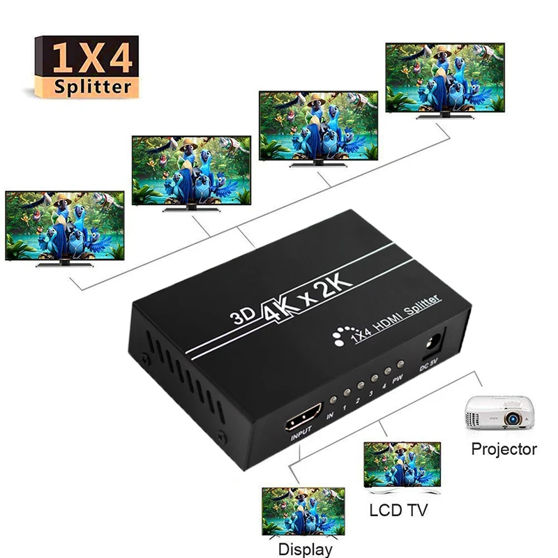 HDMI сплиттер 1x4 HDMI 1 в 4 Выход HDMI дистрибьютор 1HDMI в 4 HDMI для HDTV, DVD плеер, PS4 и т. Д. Full HD 4K с блоком питания