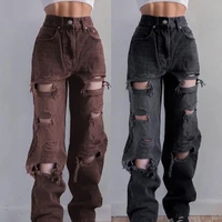 ripped jeans women denim pants distressed straight long irregular trousers button closure high waist jeans for daily wear