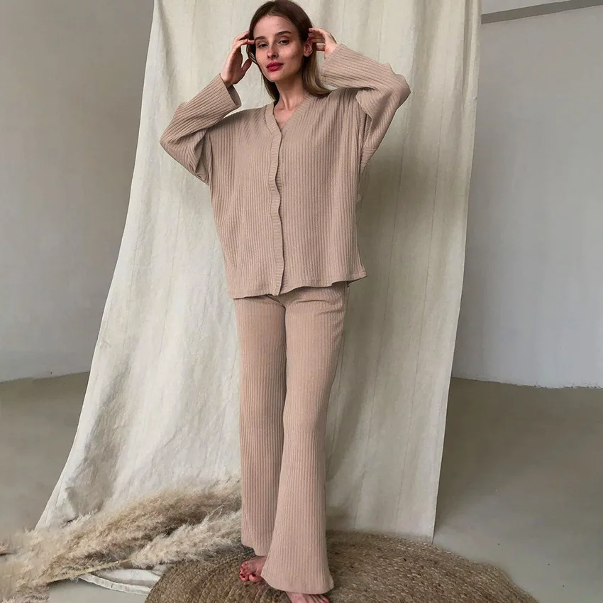 Women Knitting Loungewear Set V Neck Nightwear Long Sleeve Top and Long Pants Pajamas AW21 NewLadies Homewear