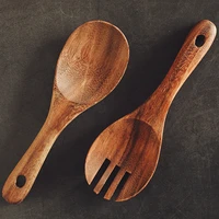 wooden serving spoons rice scoop salad mixing spoon large wood kitchen spoon fork short handle cutlery set wood cooking utensils