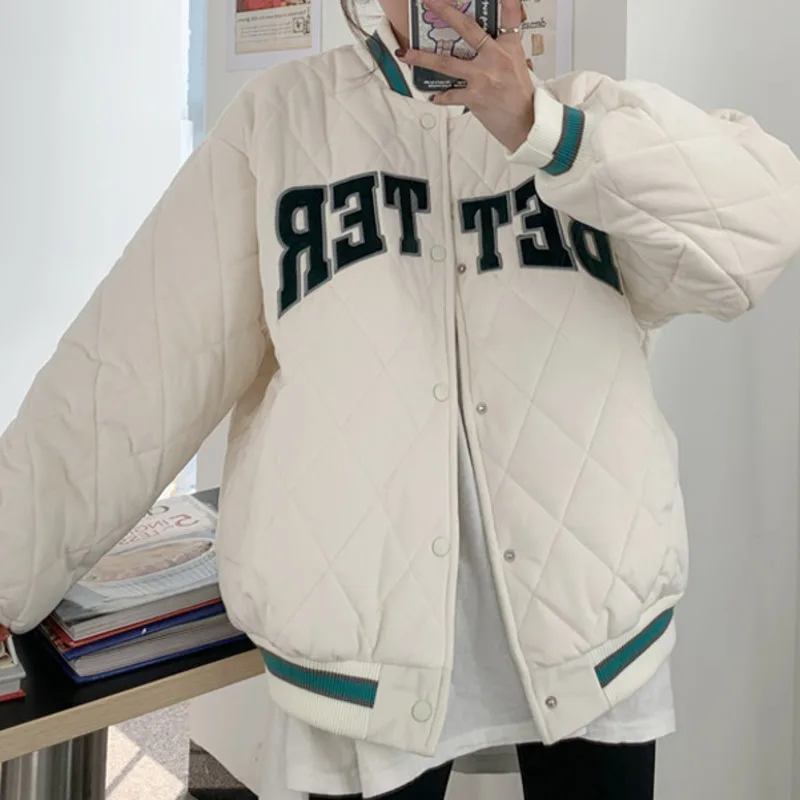 Lingge Cotton Padded Clothes Women's Autumn Winter 2021 Small Korean Loose Baseball Jacket Rac | Женская одежда