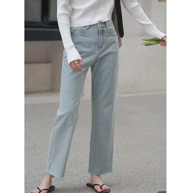 Весна/Лето 2020 прямые заусенцы с высокой талией джинсы Новые Южная Корея