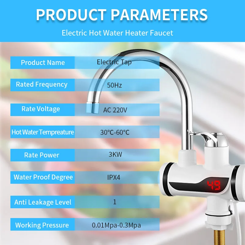 

220V Kitchen Faucet EU Plug Tankless Water Heater 3000W Digital Display For Country House Cottage Water Heater Shower