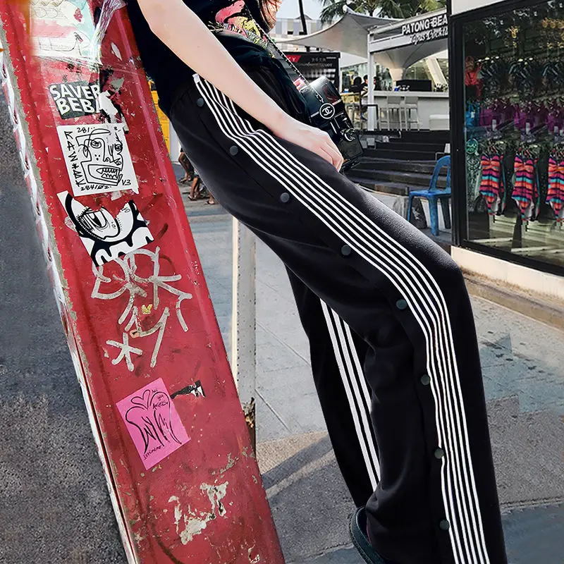 

Women Autumn Fashion High Waist Harakuju Pants Female Casual Sexy Split Single Button Long Trousters Vintage Loose Street Bottom