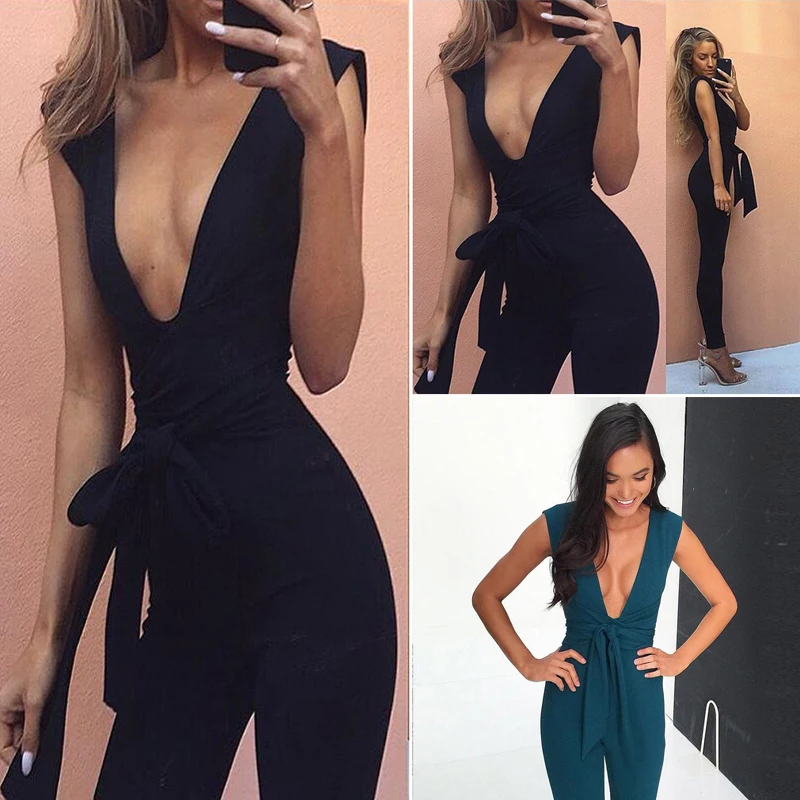 

Deep V Bodycon Jumpsuit Skinny Bandage Overalls For Women Romper Summer Sleeveless Sexy Long Jumpsuits Fashion Female Pants