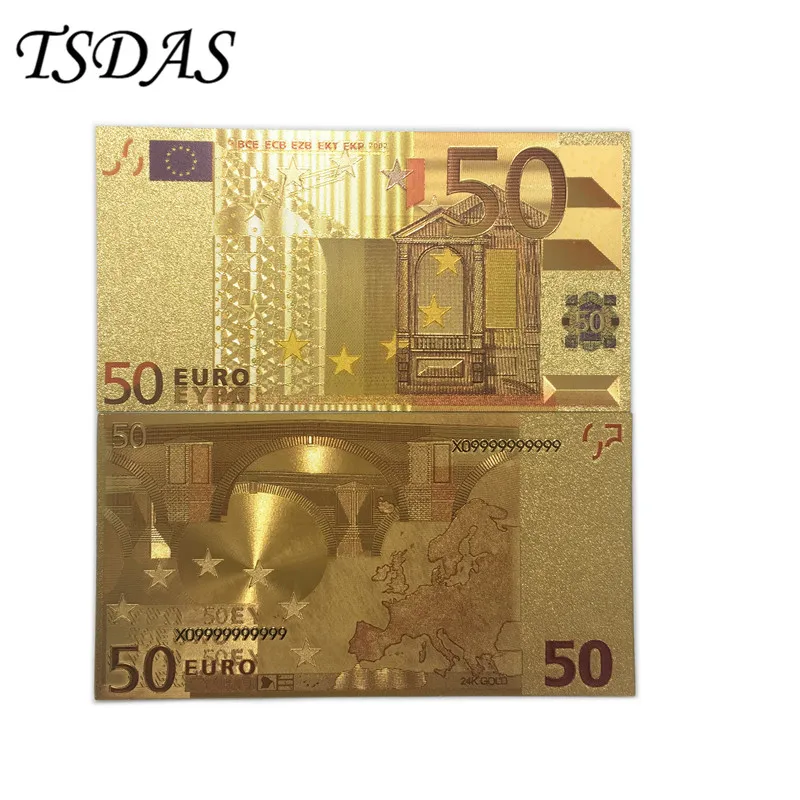 Бесплатная доставка Позолоченные евро банкноты 24K золотые в цветах креативный