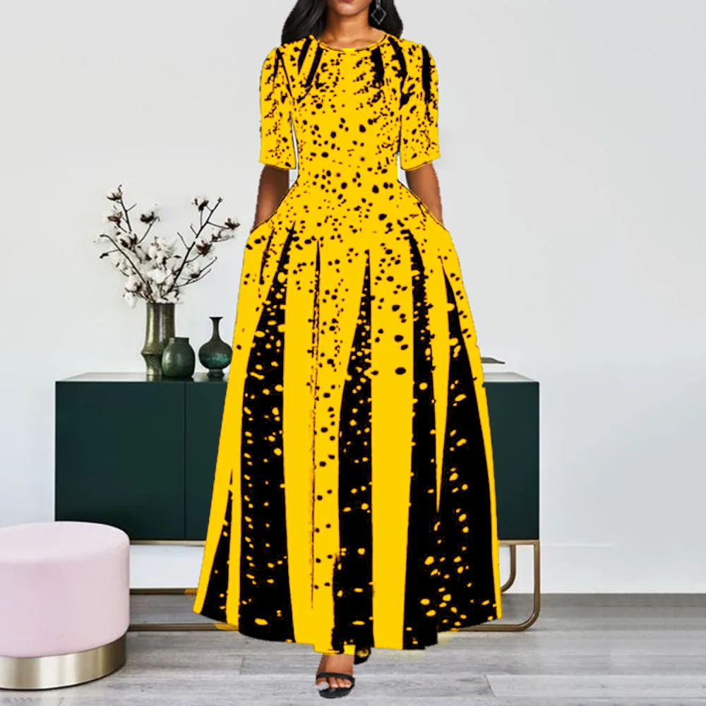 

Lugentolo Maix Dress Women Plus Size Digital Printing Three Quarter Sleeve O-Neck High Waist A-Line Womens Summer Dress