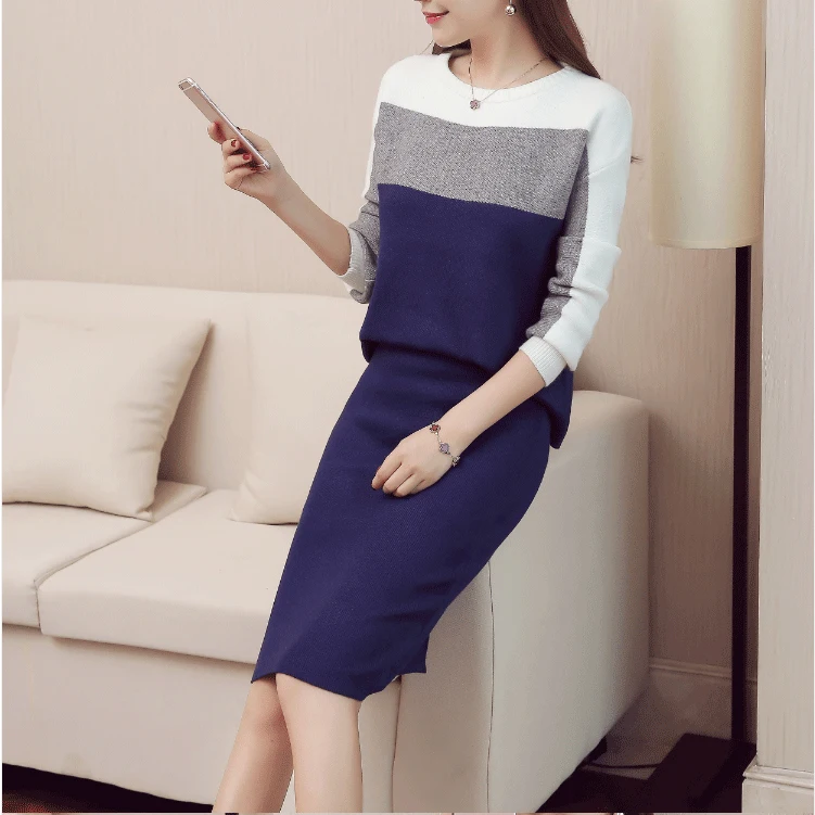 Модные женские вязаные топы + юбки Костюмы комплект из двух предметов 2018 новый